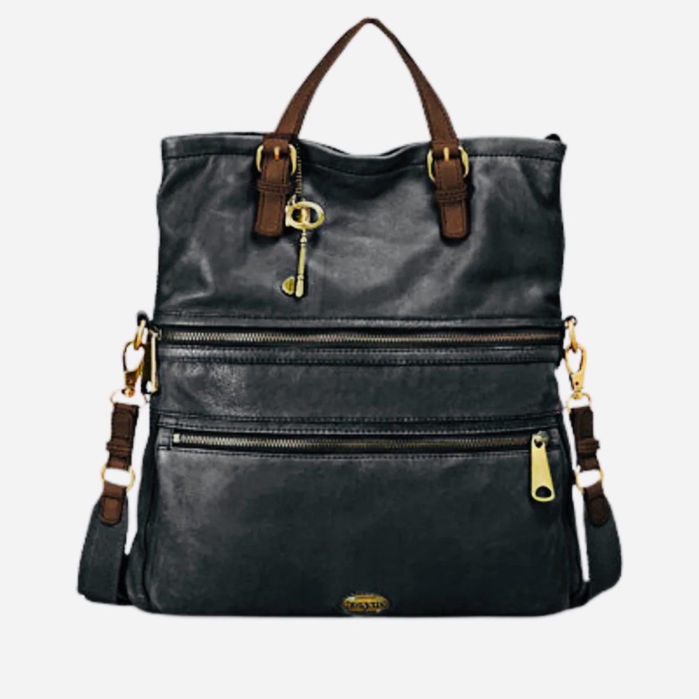 Fossil Explorer Black Leather Messenger Tote Bag